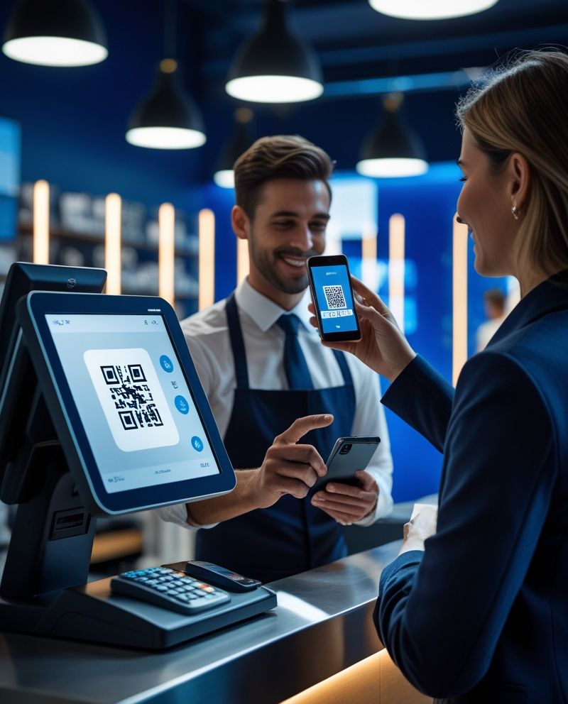 Кассир показывает покупателю QR-код на экране кассы